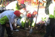 Encik Azman Idris, Tuan Haji Kasim B. Mohamad and Puan Safiah planting the trees at a selected garden in the school.